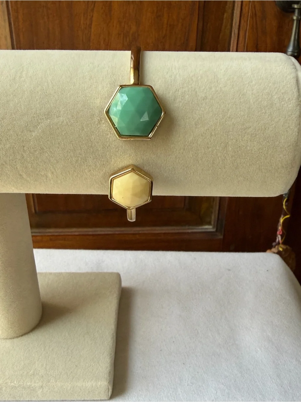 Kensie Gold Tone Faceted Stone Hexagon Open Cuff Bracelet Green Ivory